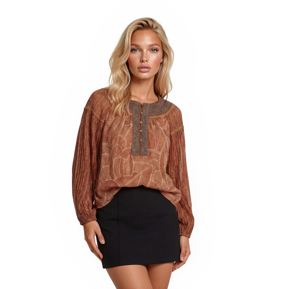 Blank NYC Peasant Blouse Women's Size Medium‎ Terracotta Leaf Lurex Boho Top